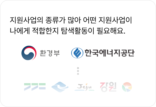 두번째 이유

지원사업의 종류가 많아 어떤 지원사업이
나에게 적합한지 탐색활동이 필요해요

환경부    한국에너지공단